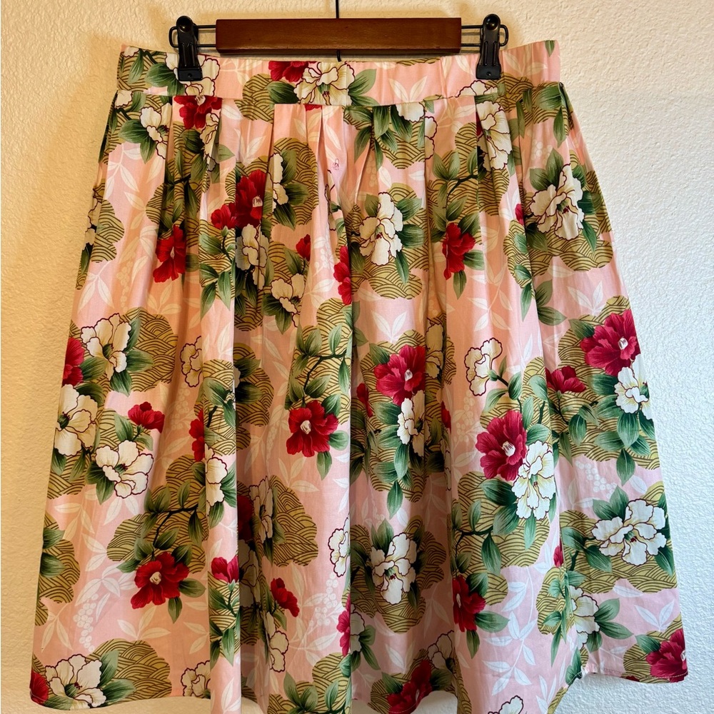 Vintage-look Floral Pleated A-Line Skirt Knee-Length